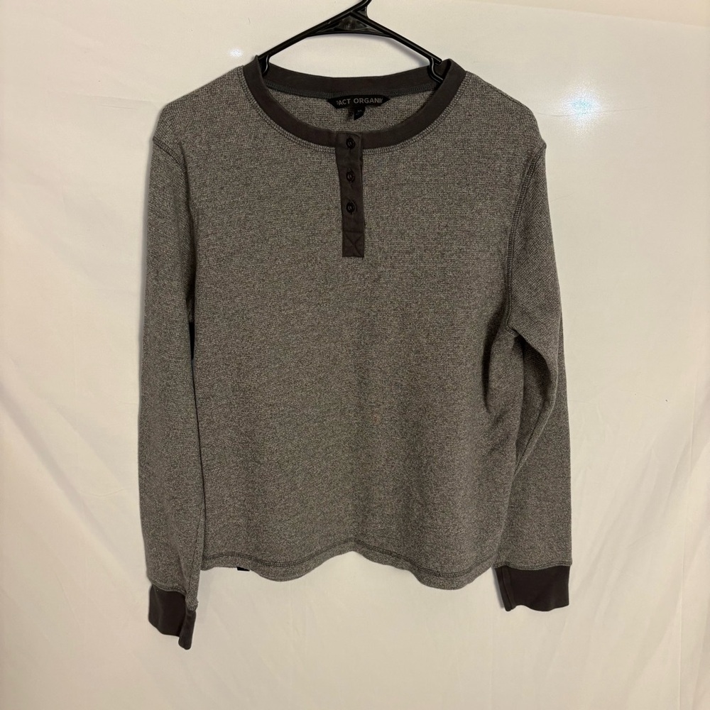 Pact Organic Thick Waffle Knit Gray Long Sleeve Henley Shirt Sz XL